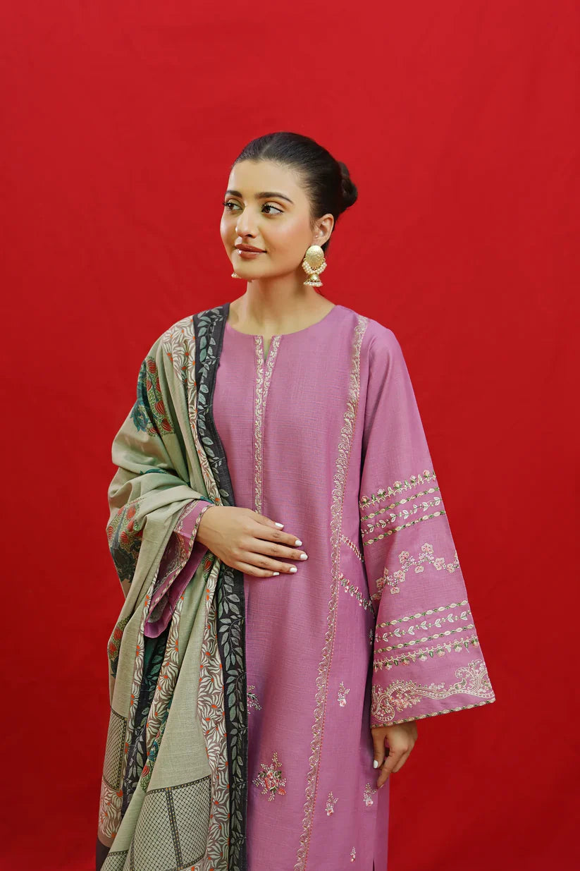 BrandsInn-3PC KHADDAR EMBROIDRED SHIRT WITH WOOL PRINTED SHAWL & EMB TROUSER-BI-4057