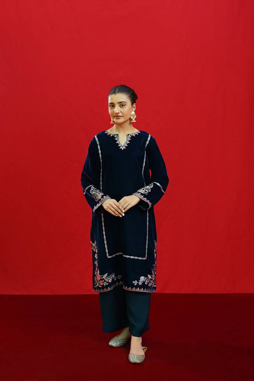 BrandsInn -2PC Velvet Heavy Embroidered Shirt With Velvet Embroidered Sleeves-BI-4083