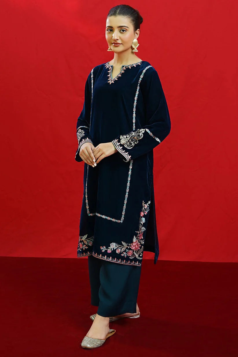 BrandsInn -2PC Velvet Heavy Embroidered Shirt With Velvet Embroidered Sleeves-BI-4083