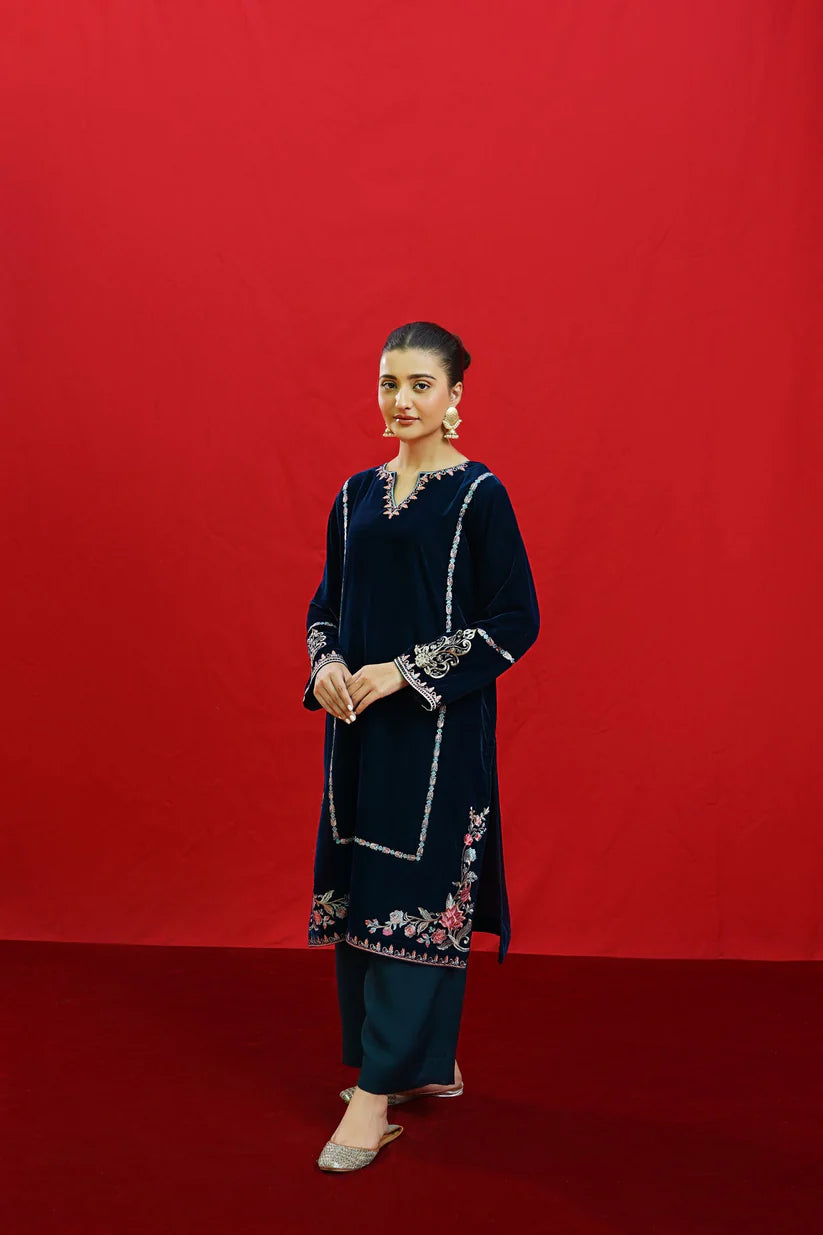 BrandsInn -2PC Velvet Heavy Embroidered Shirt With Velvet Embroidered Sleeves-BI-4083