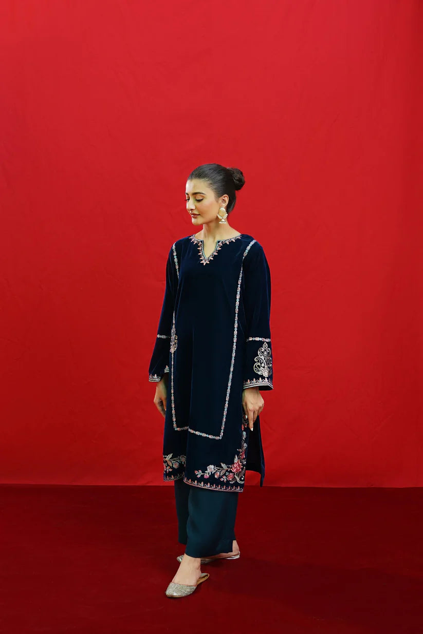 BrandsInn -2PC Velvet Heavy Embroidered Shirt With Velvet Embroidered Sleeves-BI-4083