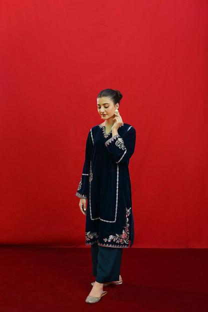 BrandsInn -2PC Velvet Heavy Embroidered Shirt With Velvet Embroidered Sleeves-BI-4083