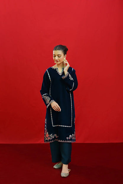 BrandsInn -2PC Velvet Heavy Embroidered Shirt With Velvet Embroidered Sleeves-BI-4083