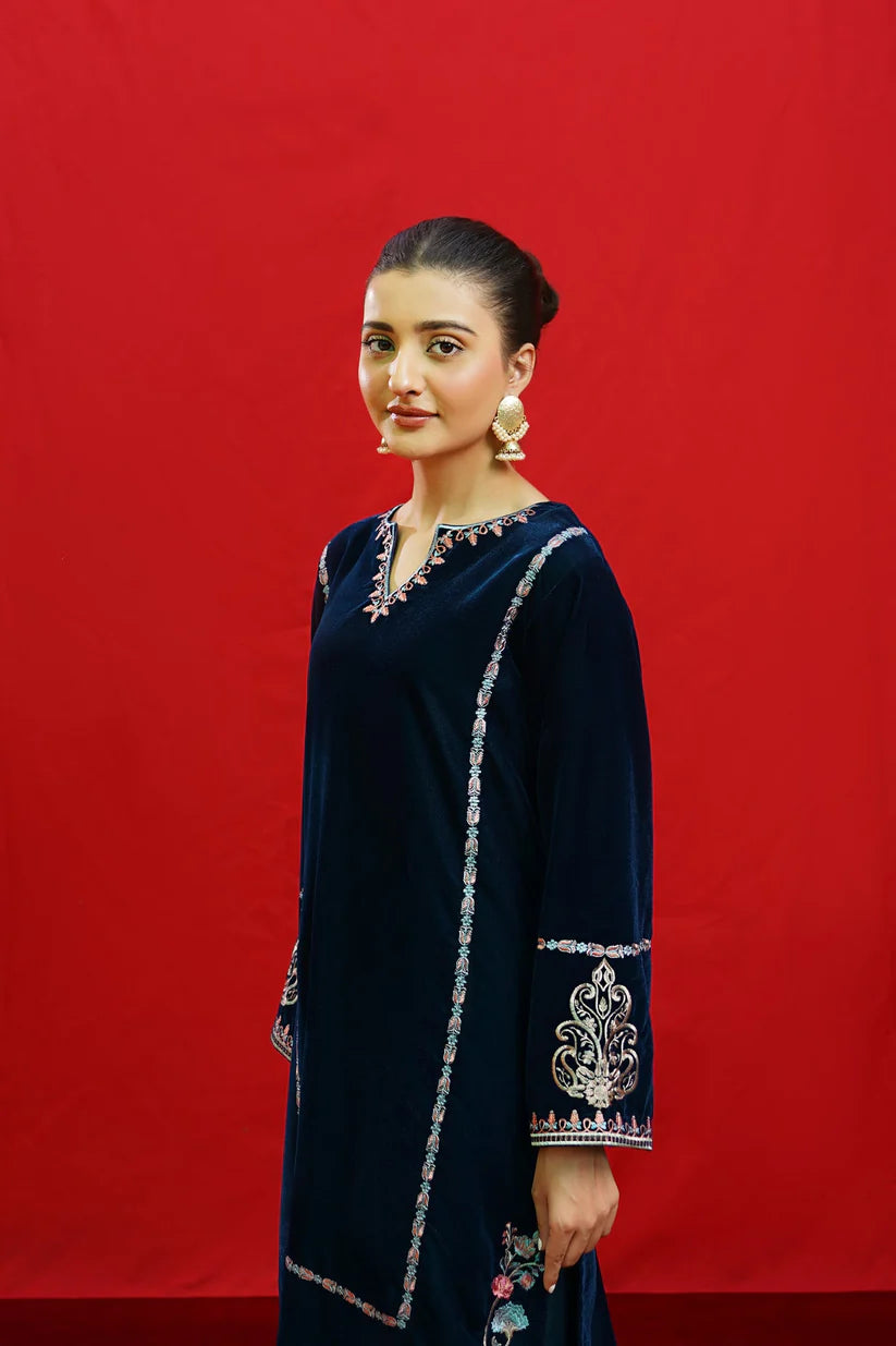BrandsInn -2PC Velvet Heavy Embroidered Shirt With Velvet Embroidered Sleeves-BI-4083