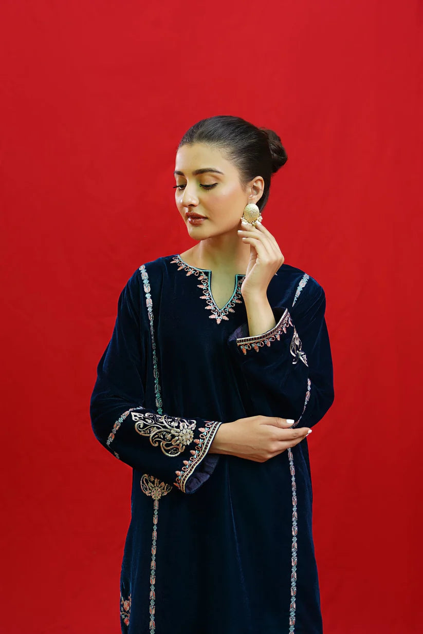 BrandsInn -2PC Velvet Heavy Embroidered Shirt With Velvet Embroidered Sleeves-BI-4083