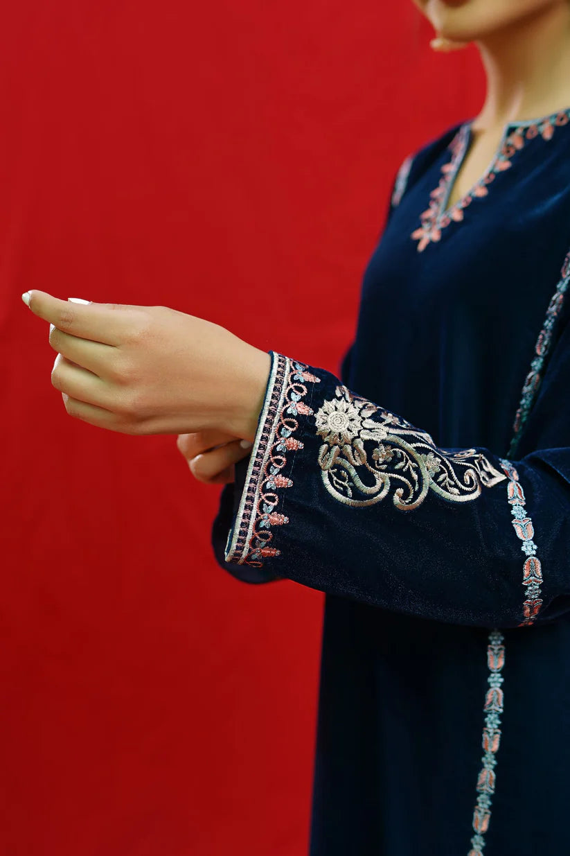 BrandsInn -2PC Velvet Heavy Embroidered Shirt With Velvet Embroidered Sleeves-BI-4083