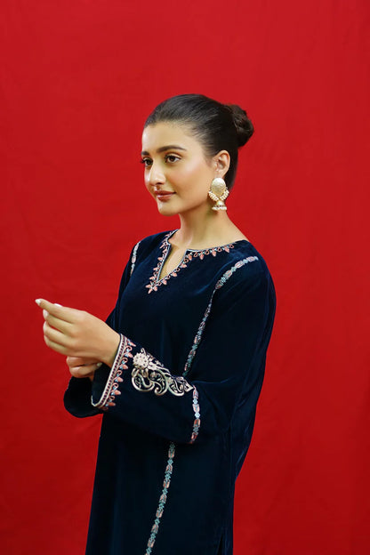 BrandsInn -2PC Velvet Heavy Embroidered Shirt With Velvet Embroidered Sleeves-BI-4083