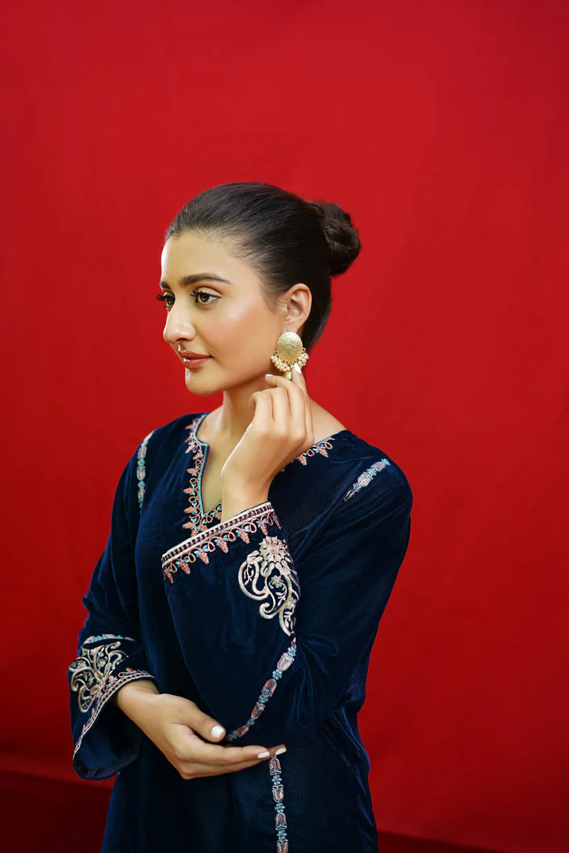 BrandsInn -2PC Velvet Heavy Embroidered Shirt With Velvet Embroidered Sleeves-BI-4083