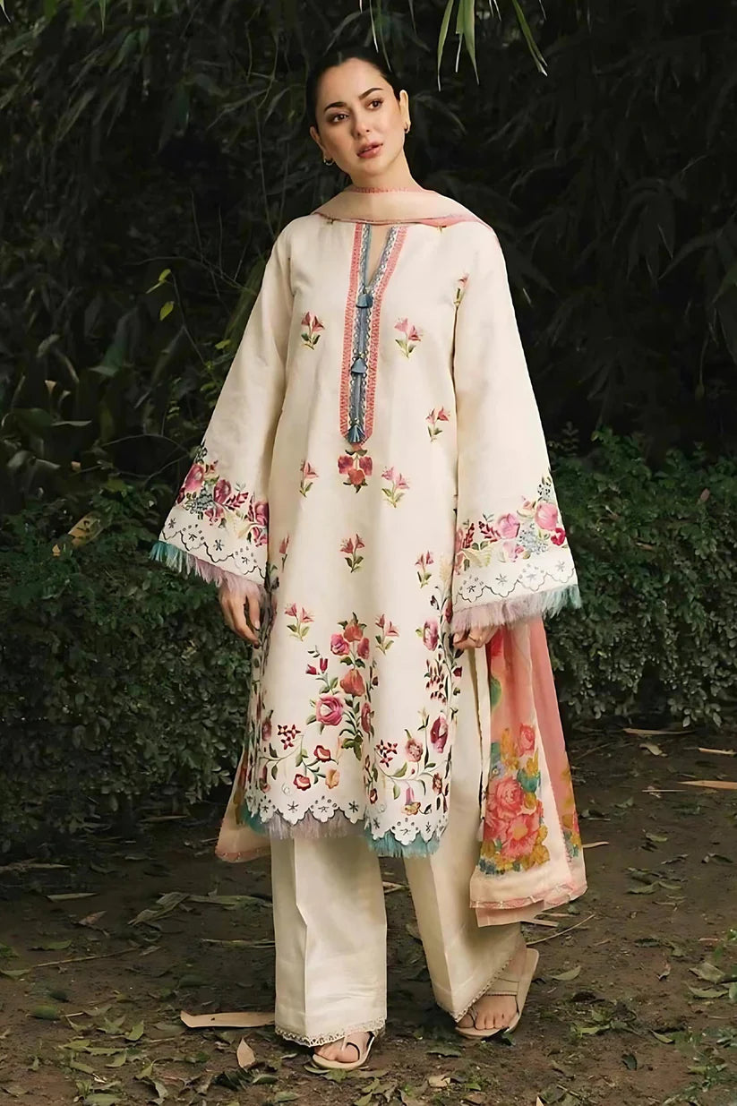 BrandsInn- 3PC DHANK EMBROIDERED SHIRT WITH COUTRAI WOOL SHAWL & TROUSER-BI-4060