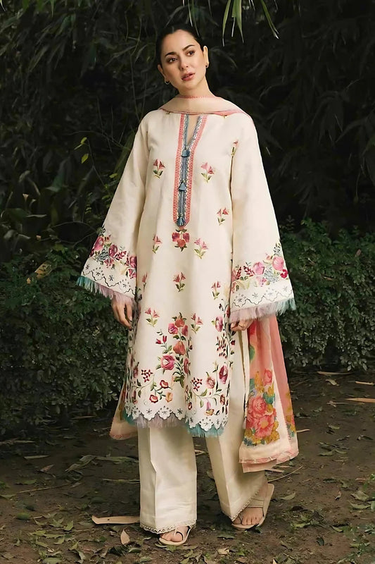 BrandsInn- 3PC DHANK EMBROIDERED SHIRT WITH COUTRAI WOOL SHAWL & TROUSER-BI-4060