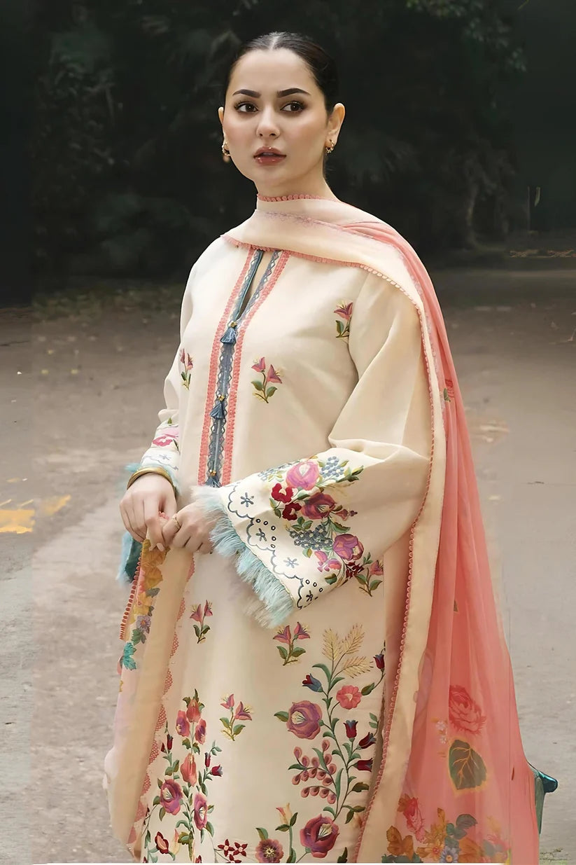 BrandsInn- 3PC DHANK EMBROIDERED SHIRT WITH COUTRAI WOOL SHAWL & TROUSER-BI-4060