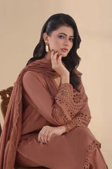 BrandsInn-3PC DHANAK EMBROIDERED SHIRT WITH KHADDI NET EMB DUPATTA AND TROUSER-BI-4263