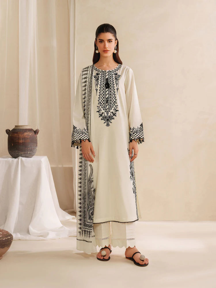 BrandsInn-3PC KHADDAR EMBROIDERED SHIRT WITH COURTRAI PRINTED SHAWL AND TROUSER-BI-4307