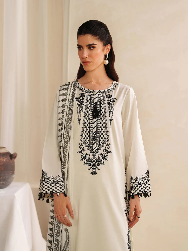 BrandsInn-3PC KHADDAR EMBROIDERED SHIRT WITH COURTRAI PRINTED SHAWL AND TROUSER-BI-4307