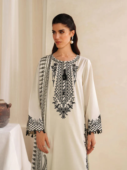 BrandsInn-3PC KHADDAR EMBROIDERED SHIRT WITH COURTRAI PRINTED SHAWL AND TROUSER-BI-4307