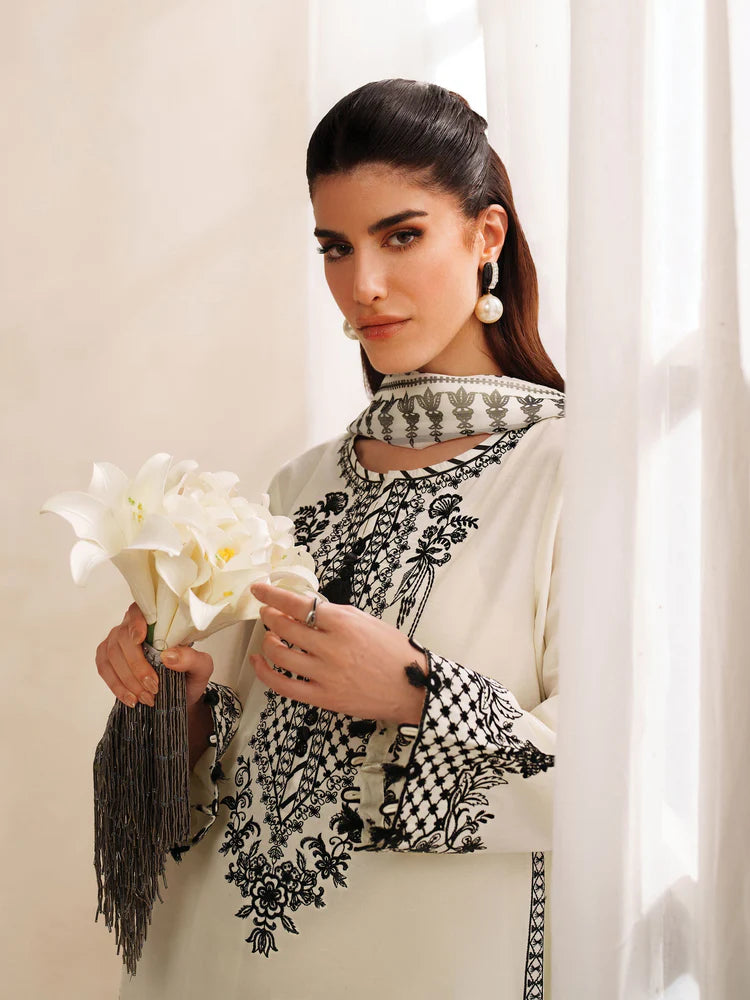 BrandsInn-3PC KHADDAR EMBROIDERED SHIRT WITH COURTRAI PRINTED SHAWL AND TROUSER-BI-4307