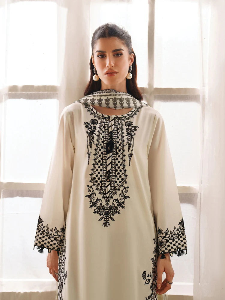 BrandsInn-3PC KHADDAR EMBROIDERED SHIRT WITH COURTRAI PRINTED SHAWL AND TROUSER-BI-4307