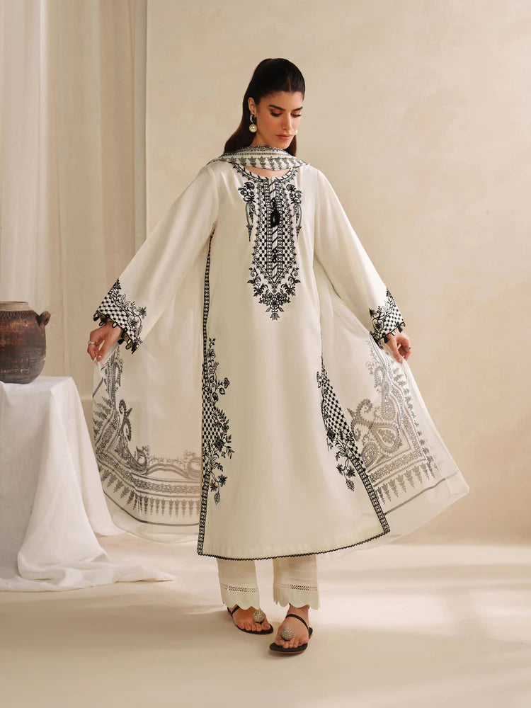 BrandsInn-3PC KHADDAR EMBROIDERED SHIRT WITH COURTRAI PRINTED SHAWL AND TROUSER-BI-4307