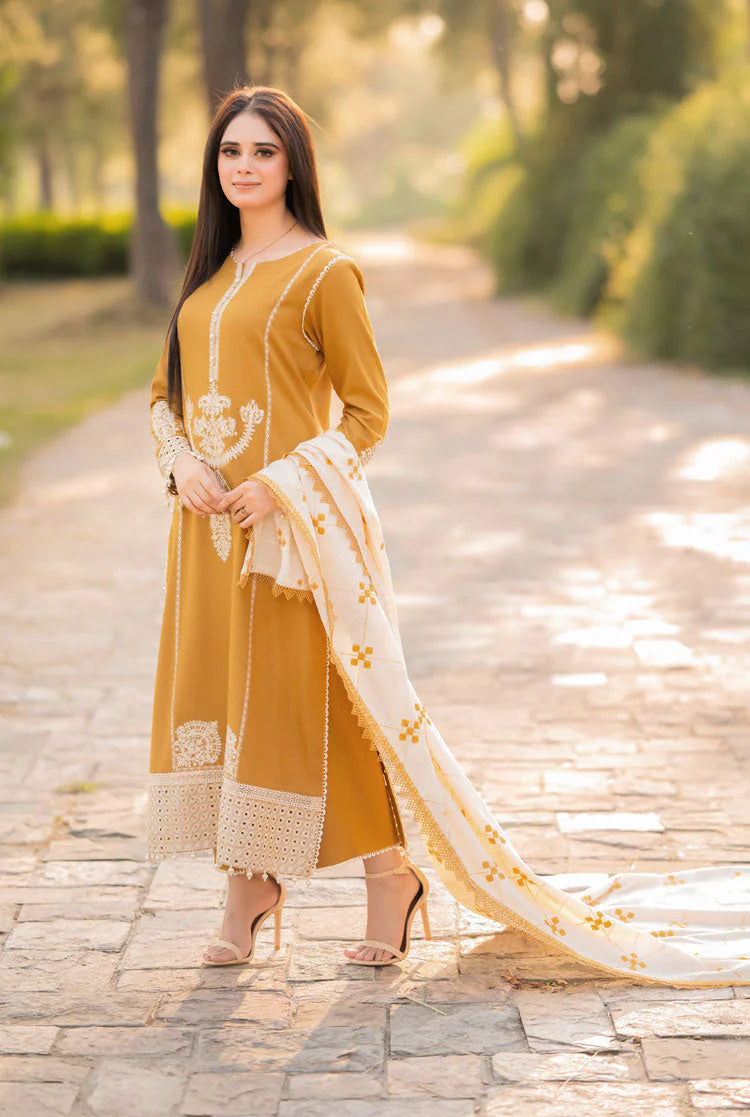 BrandsInn-3PC DHANAK EMBROIDERED SHIRT WITH COURTRAI WOOL PRINTED SHAWL AND TROUSER-BI-4281