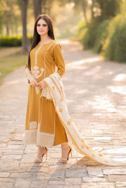 BrandsInn-3PC DHANAK EMBROIDERED SHIRT WITH COURTRAI WOOL PRINTED SHAWL AND TROUSER-BI-4281