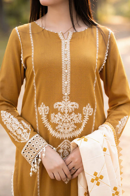 BrandsInn-3PC DHANAK EMBROIDERED SHIRT WITH COURTRAI WOOL PRINTED SHAWL AND TROUSER-BI-4281