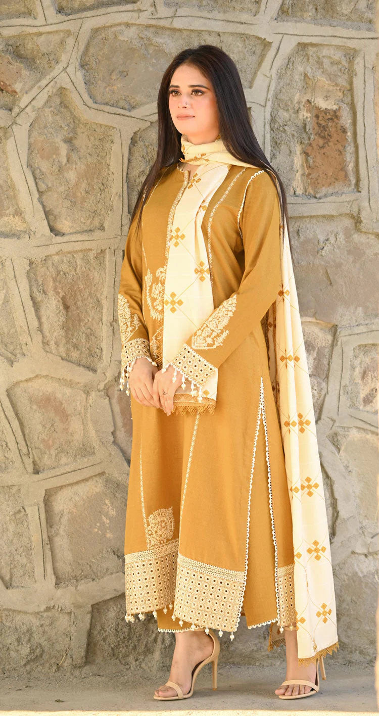 BrandsInn-3PC DHANAK EMBROIDERED SHIRT WITH COURTRAI WOOL PRINTED SHAWL AND TROUSER-BI-4281