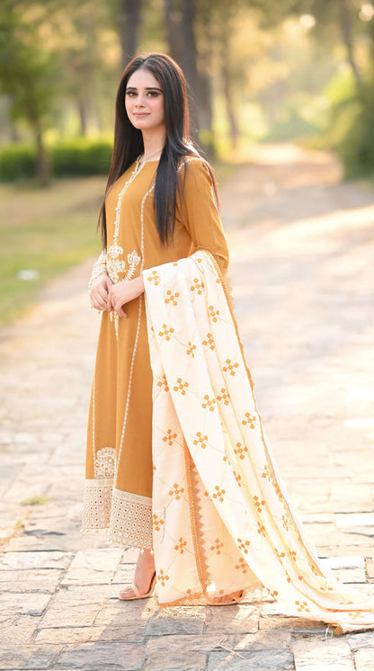 BrandsInn-3PC DHANAK EMBROIDERED SHIRT WITH COURTRAI WOOL PRINTED SHAWL AND TROUSER-BI-4281