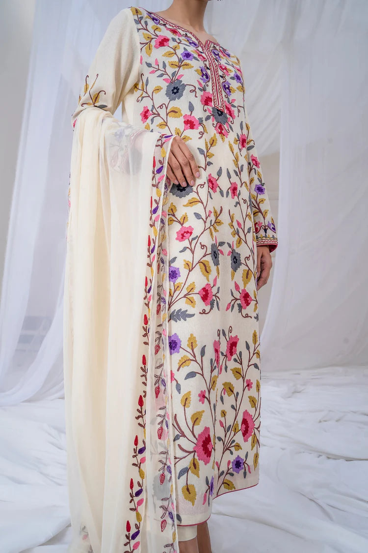BrandsInn-3PC DHANAK EMBROIDERED SHIRT WITH BAMBER CHIFFON EMBROIDERED DUPATTA & TROUSER-BI-4299