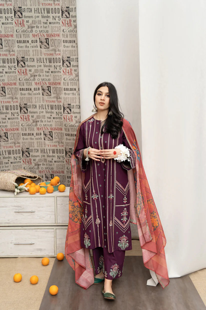 BrandsInn- 3PC DHANAK EMBROIDERED SHIRT WITH COUTURE WOOL PRINT SHAWL AND EMB TROUSER-BI-4125