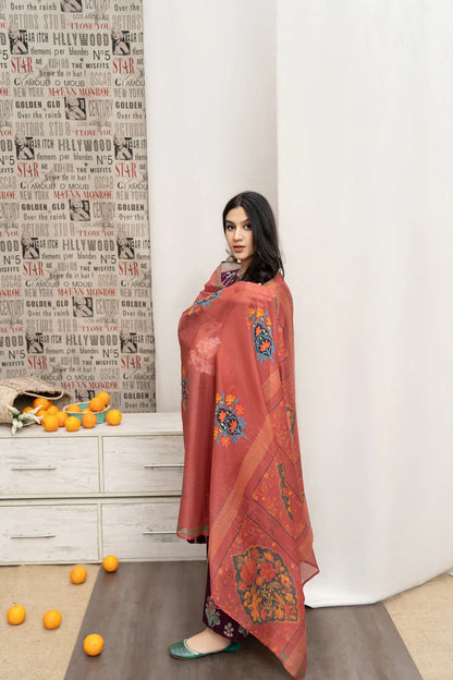 BrandsInn- 3PC DHANAK EMBROIDERED SHIRT WITH COUTURE WOOL PRINT SHAWL AND EMB TROUSER-BI-4125