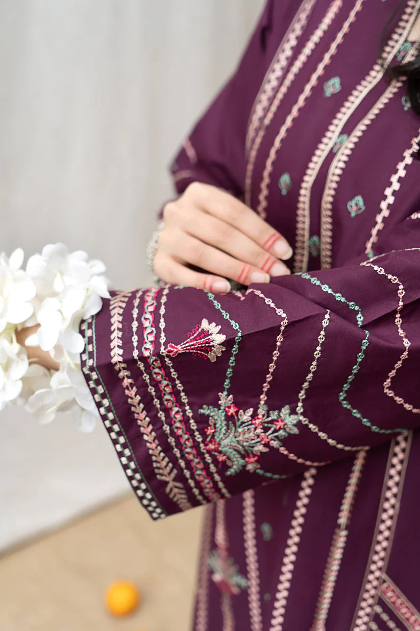 BrandsInn- 3PC DHANAK EMBROIDERED SHIRT WITH COUTURE WOOL PRINT SHAWL AND EMB TROUSER-BI-4125