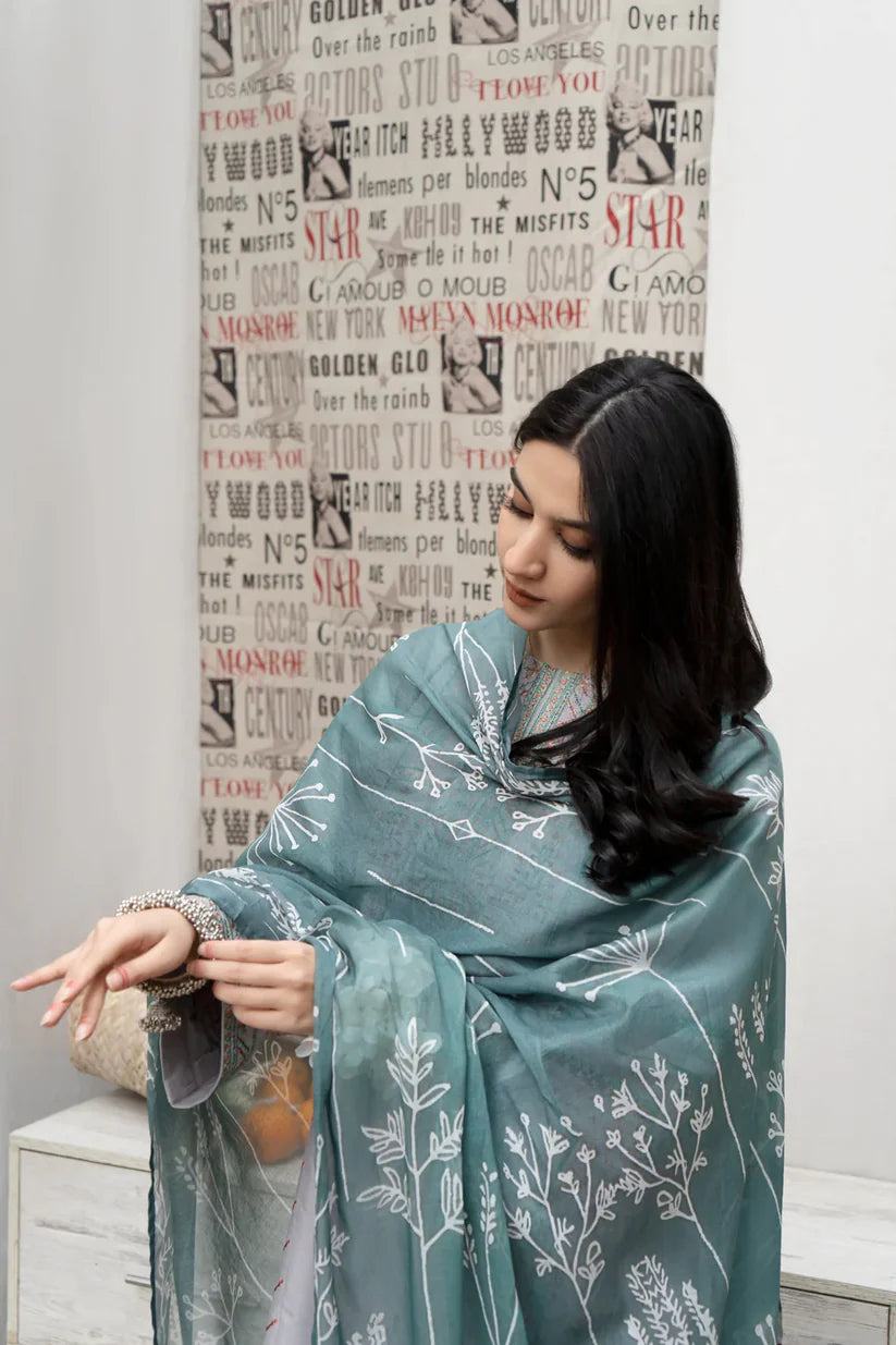BrandsInn- 3PC DHANAK EMBROIDERED SHIRT WITH WOOL PRINTED SHAWL & EMB TROUSER-BI-4089