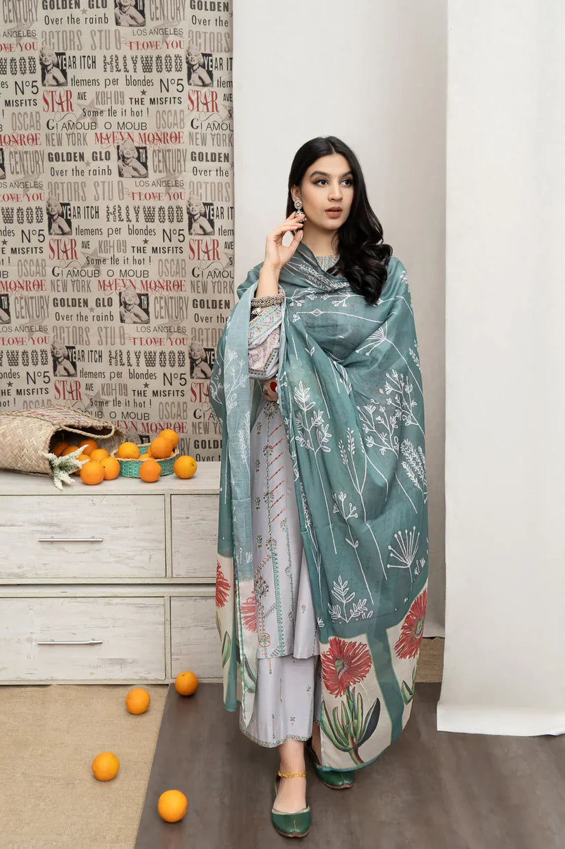 BrandsInn- 3PC DHANAK EMBROIDERED SHIRT WITH WOOL PRINTED SHAWL & EMB TROUSER-BI-4089