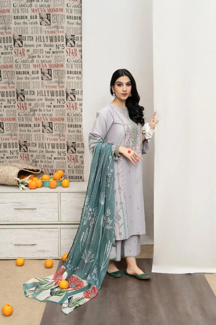 BrandsInn- 3PC DHANAK EMBROIDERED SHIRT WITH WOOL PRINTED SHAWL & EMB TROUSER-BI-4089