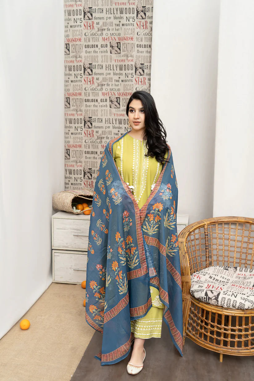 BrandsInn-3PC DHANAK EMBROIDERED SHIRT WITH COUTURE WOOL PRINT SHAWL AND EMB TROUSER-BI-4134