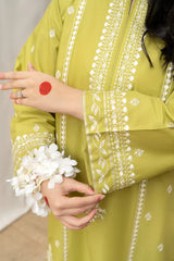 BrandsInn-3PC DHANAK EMBROIDERED SHIRT WITH COUTURE WOOL PRINT SHAWL AND EMB TROUSER-BI-4134