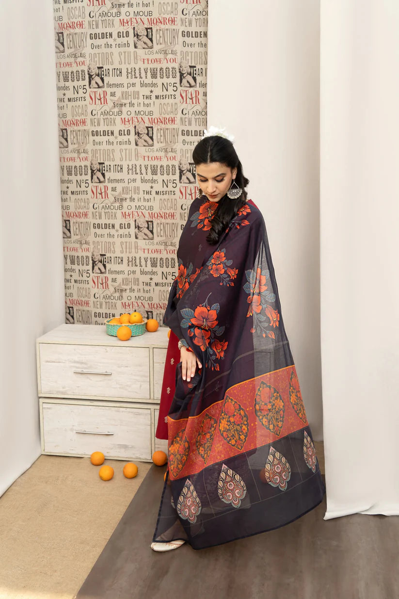 BrandssInn-3PC DHANAK EMBROIDERED SHIRT WITH COUTRAI PRINTED SHAWL AND EMB TROUSER-BI-4126