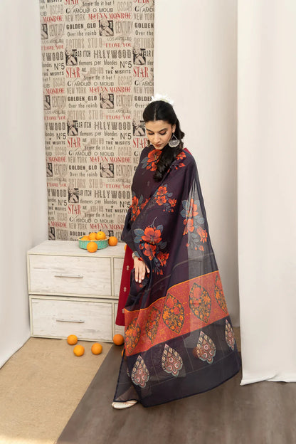 BrandssInn-3PC DHANAK EMBROIDERED SHIRT WITH COUTRAI PRINTED SHAWL AND EMB TROUSER-BI-4126