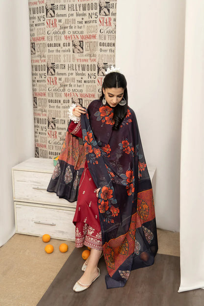 BrandssInn-3PC DHANAK EMBROIDERED SHIRT WITH COUTRAI PRINTED SHAWL AND EMB TROUSER-BI-4126