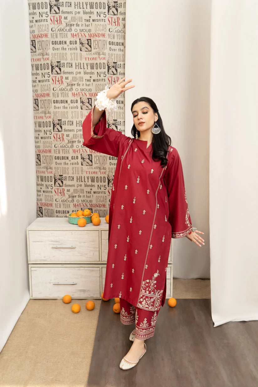 BrandssInn-3PC DHANAK EMBROIDERED SHIRT WITH COUTRAI PRINTED SHAWL AND EMB TROUSER-BI-4126