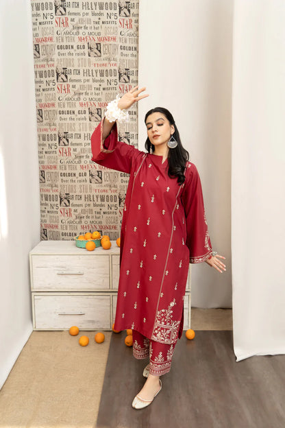 BrandssInn-3PC DHANAK EMBROIDERED SHIRT WITH COUTRAI PRINTED SHAWL AND EMB TROUSER-BI-4126