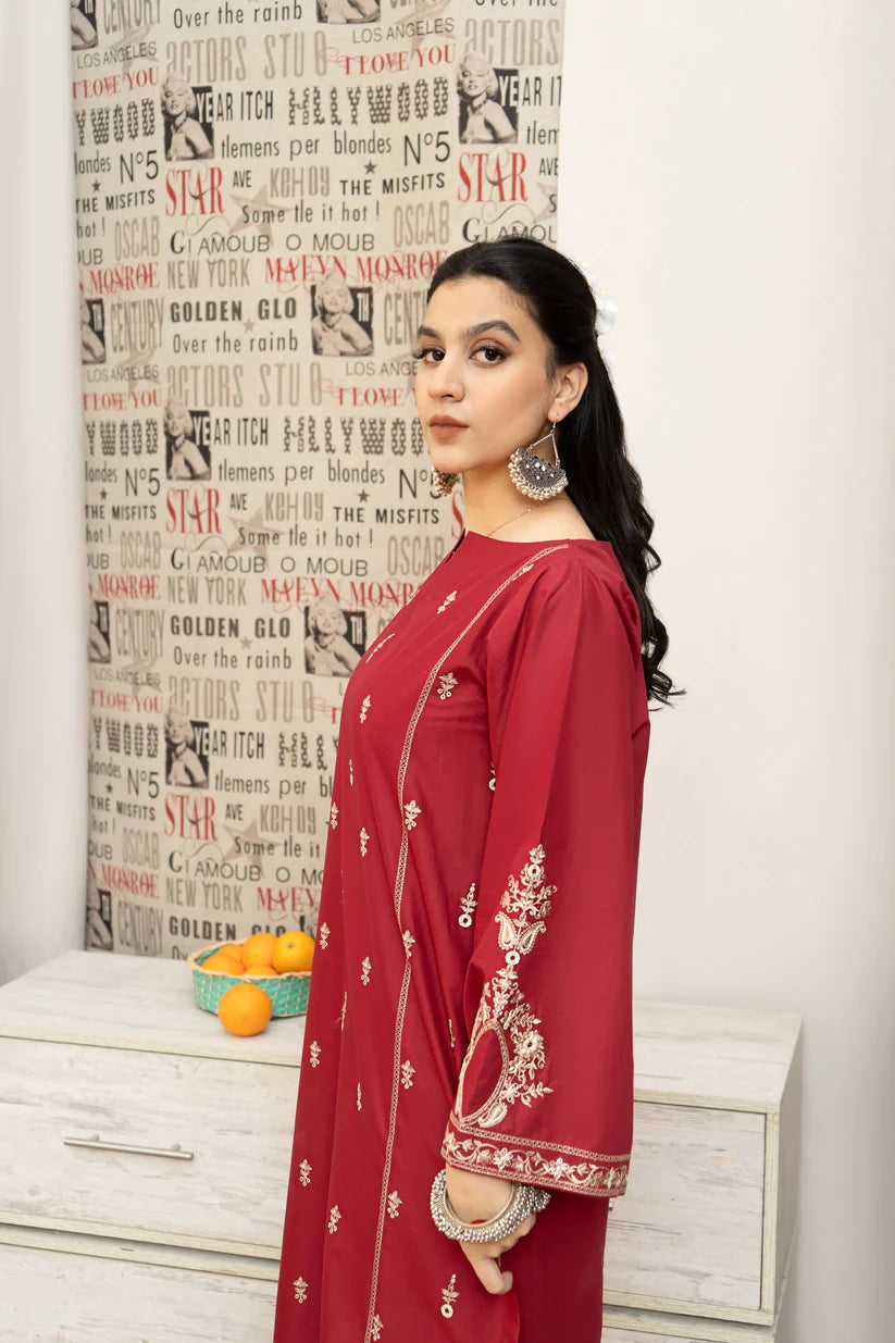 BrandssInn-3PC DHANAK EMBROIDERED SHIRT WITH COUTRAI PRINTED SHAWL AND EMB TROUSER-BI-4126