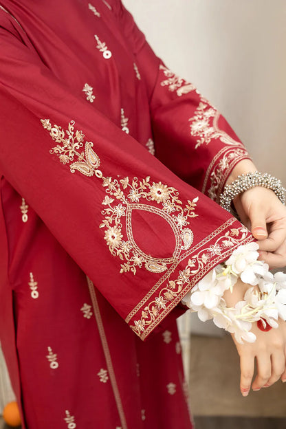 BrandssInn-3PC DHANAK EMBROIDERED SHIRT WITH COUTRAI PRINTED SHAWL AND EMB TROUSER-BI-4126