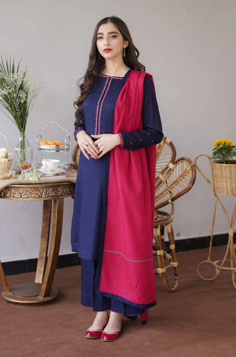 BrandsInn- 3PC DHANAK EMBROIDERED SHIRT WITH DHANAK EMBROIDERED SHAWL-BI-4062