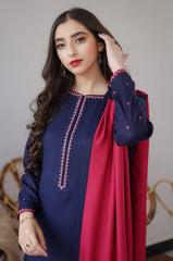 BrandsInn-3PC DHANAK EMBROIDERED SHIRT WITH DHANAK EMBROIDERED SHAWL-BI-4100