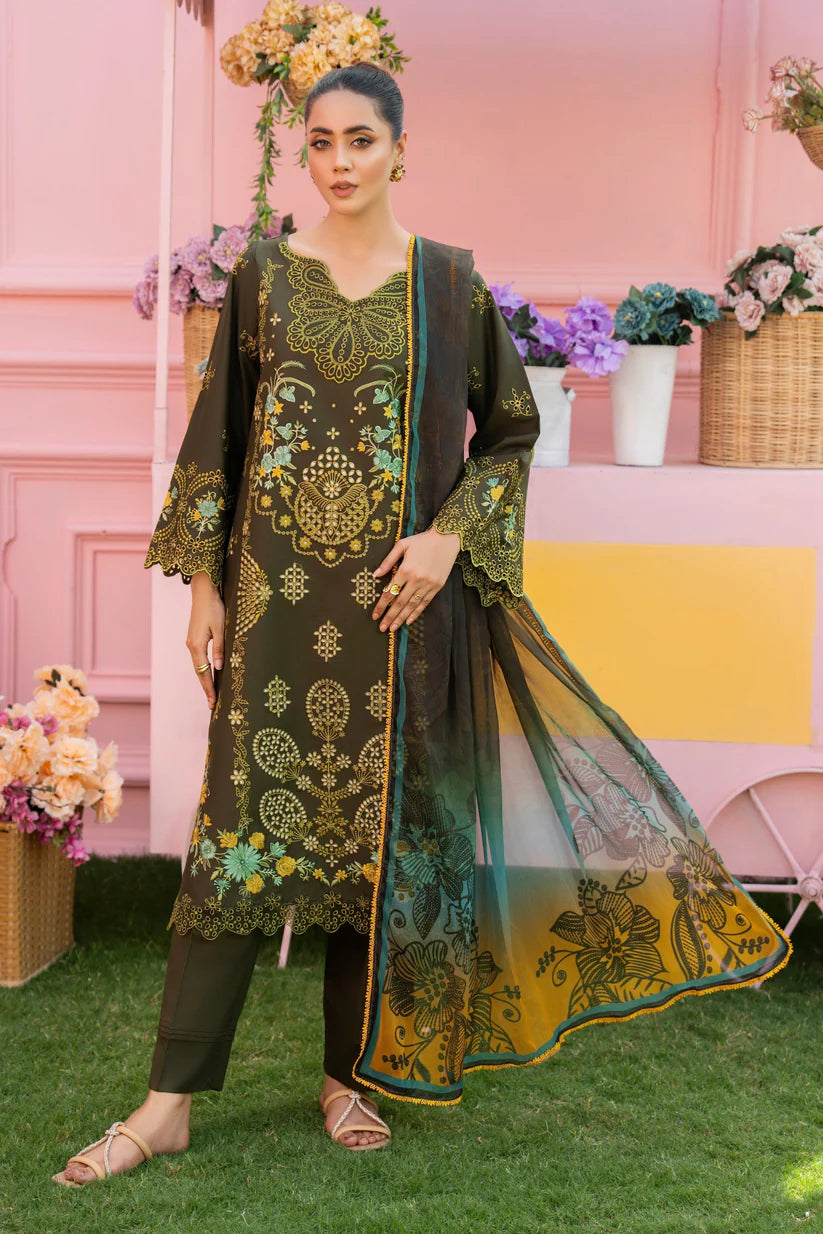 BrandsInn - 3PC LAWN EMBROIDERED SHIRT WITH CHIFFON PRINTED DUPATTA AND TROUSER-BI-3807