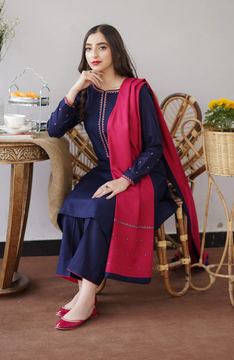 BrandsInn- 3PC DHANAK EMBROIDERED SHIRT WITH DHANAK EMBROIDERED SHAWL-BI-4062