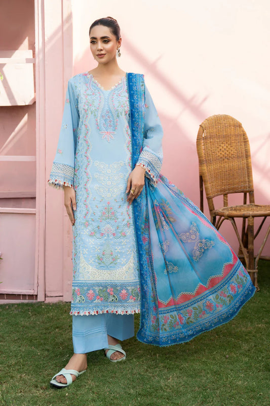 BrandsInn-3PC LAWN EMBROIDERED SHIRT WITH CHIFFON PRINTED DUPATTA AND TROUSER-BI-400