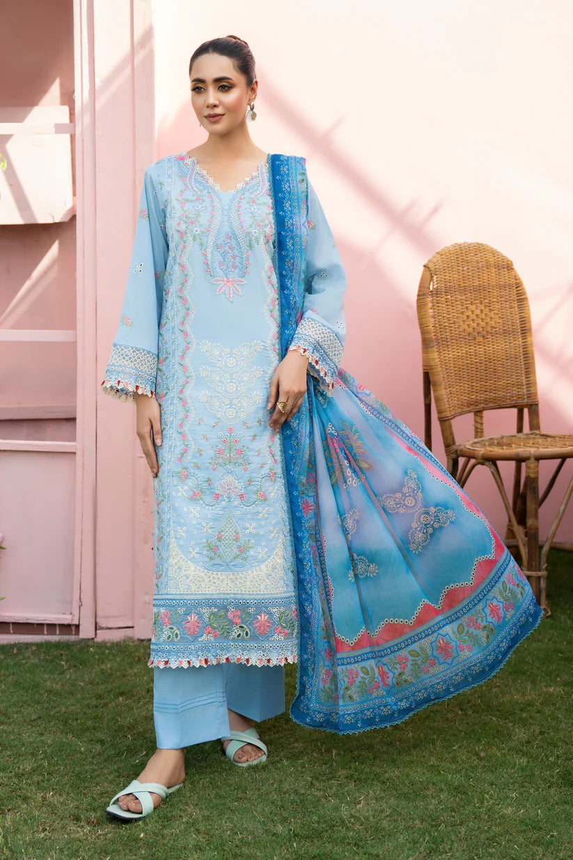 BrandsInn-3PC LAWN EMBROIDERED SHIRT WITH CHIFFON PRINTED DUPATTA AND TROUSER-BI-3806