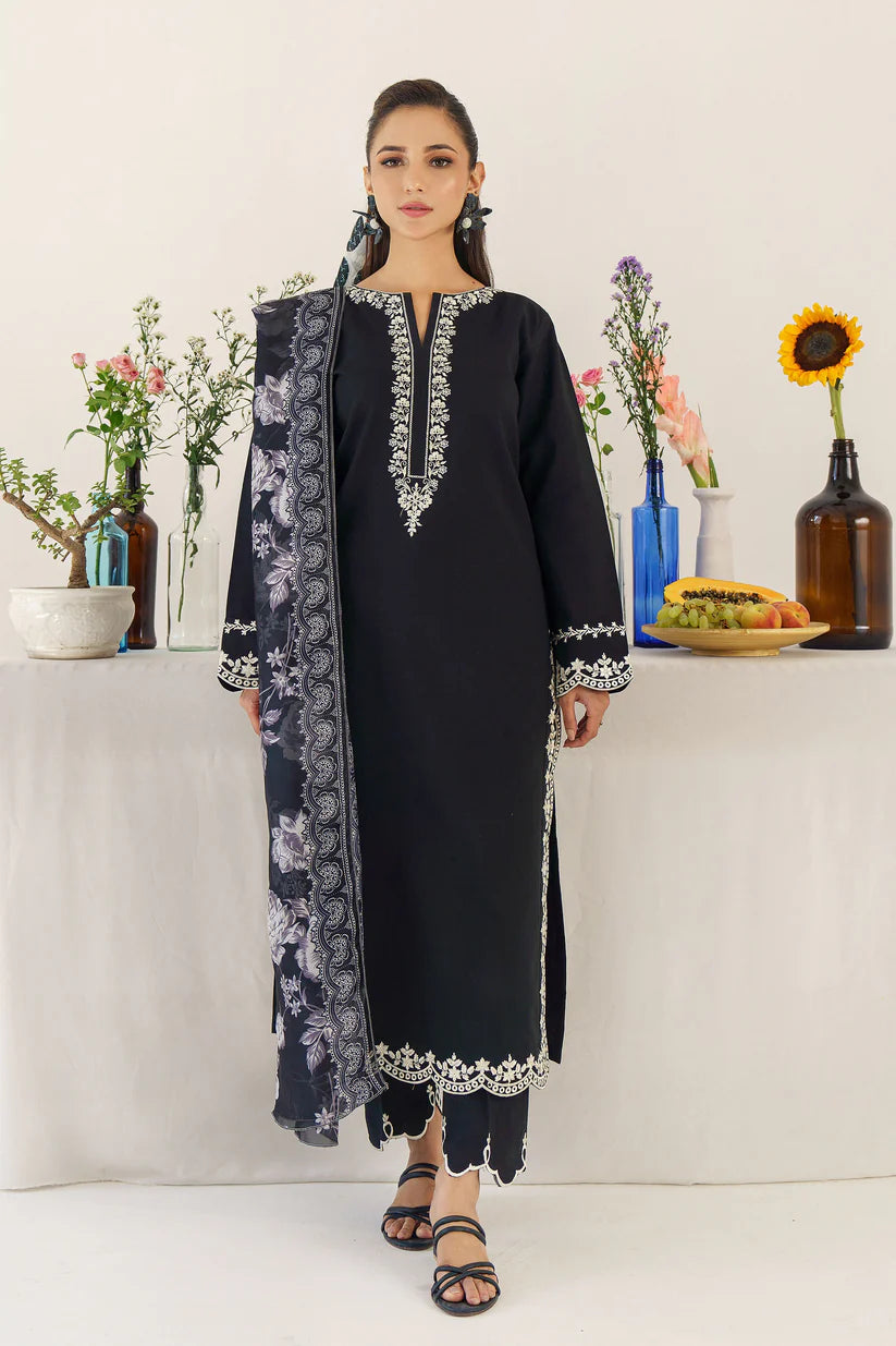 BrandsInn - 3PC DHANAK EMBROIDERED SHIRT WITH WOOL PRINTED SHAWL AND TROUSER-BI-3174